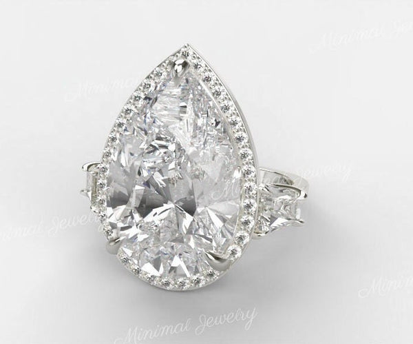 6.5 CT pear shaped engagement ring,Three stone moissanite pear halo,unique celebrity style,trapezoid&large pear moissanite,rare wedding ring