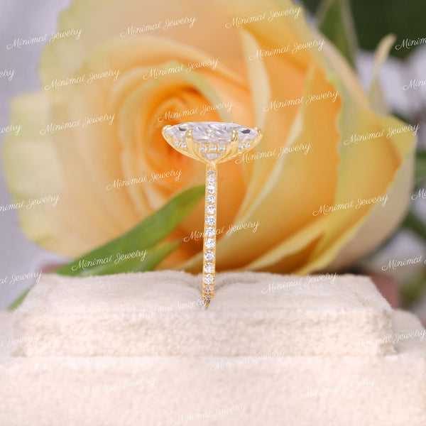 2CT Marquise Moissanite Engagement Ring: Hidden Halo, 6-Claw Prong, Solid Gold