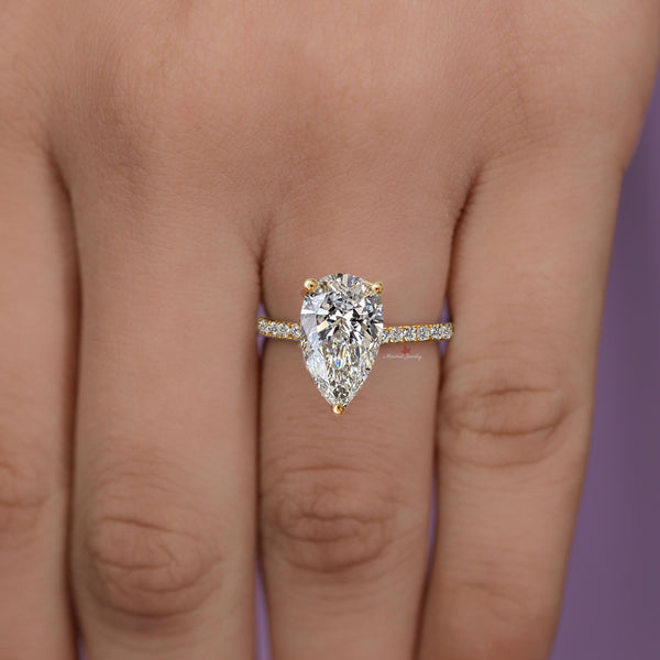 14k solid gold lab grown diamond pear shaped engagement ring cathedral hidden halo 3.1CT lab diamond ring Certified CVD Diamond wedding ring