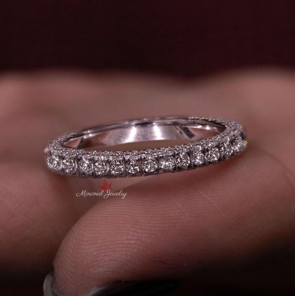 Dainty wedding band 14k solid Thin gold ring 2.5mm moissanite simple wedding band stackable ring set pave eternity band anniversary gift her