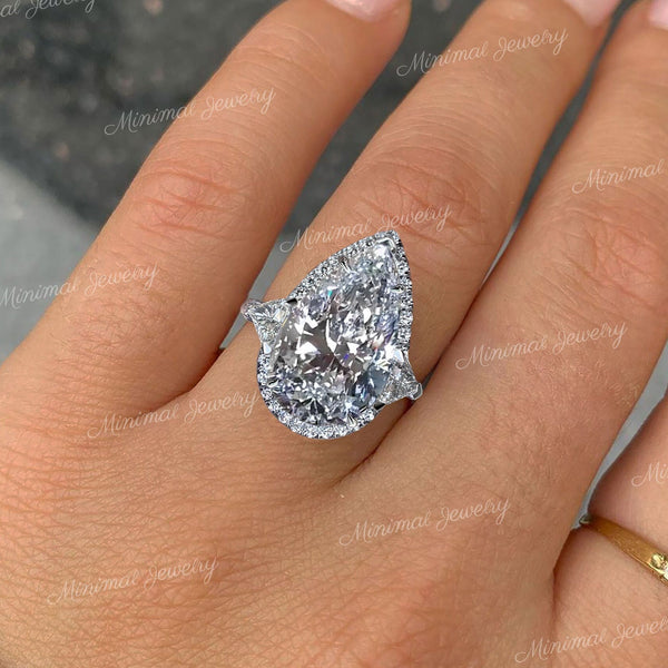 9 CT pear moissanite engagement ring Large Three stone crushed ice moissanite pear halo,trillion&pear shaped ring,big teardrop wedding ring