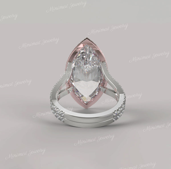 6CT Marquise Moissanite Engagement Ring: Split Shank Halo, Two Tone