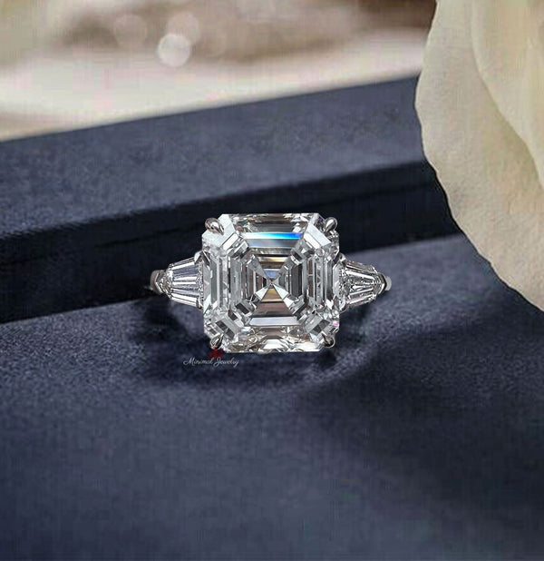 5.5 CT Asscher cut moissanite ring large Three stone Asscher cut engagement ring celebrity style side shield&Asscher cut ring wedding ring