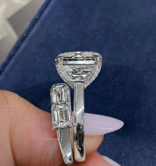 Asscher moissanite engagement ring set wedding band set 9CT solitaire asscher cut ring with half eternity band large diamond cocktail ring