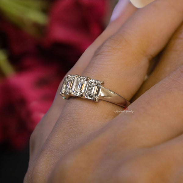 Emerald cut wedding band 5 stone moissanite wedding band women stackable half eternity band 5th anniversary gift for her dainty emerald ring