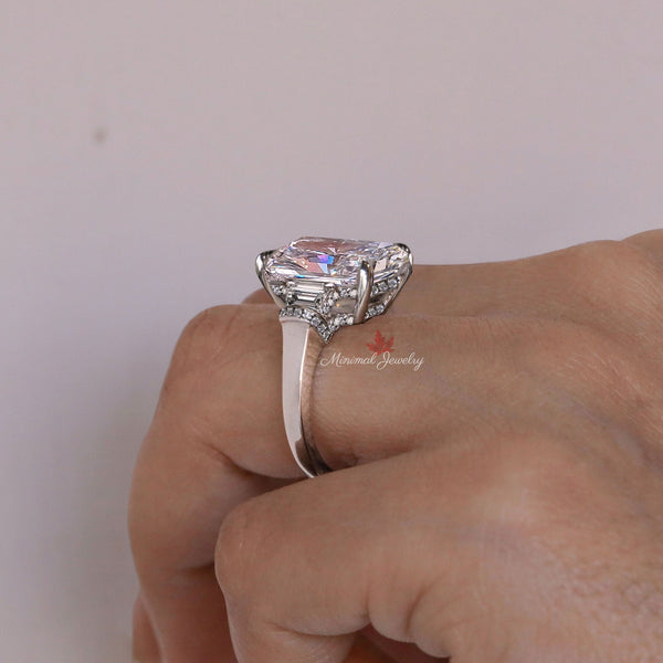 10 Carat Radiant moissanite engagement ring big Three stone ring hidden halo Radiant cut ring large moissanite diamond cocktail wedding ring