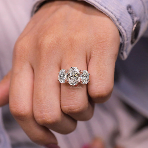6 CT Three stone oval cut moissanite engagement ring hidden halo cathedral ring set large moissanite 3 stone wedding ring anniversary ring