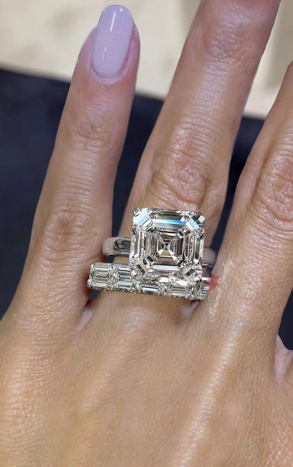 Asscher moissanite engagement ring set wedding band set 9CT solitaire asscher cut ring with half eternity band large diamond cocktail ring