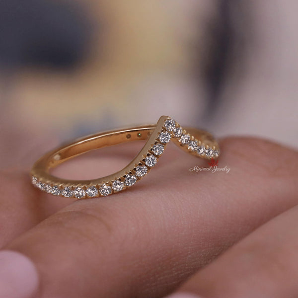 Dainty Chevron Moissanite Wedding Band: 14k Yellow Gold Contour Ring