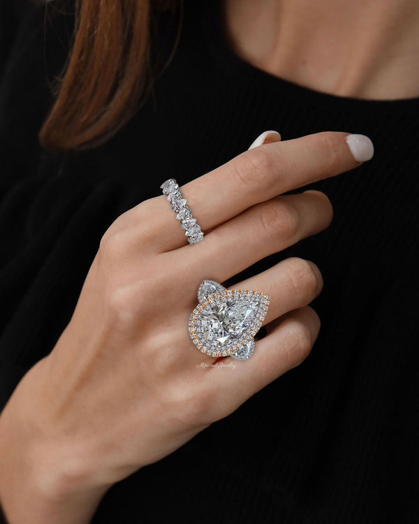 6 CT pear shaped engagement ring large Three stone pear moissanite engagement ring double halo two tone ring diamond cocktail wedding ring