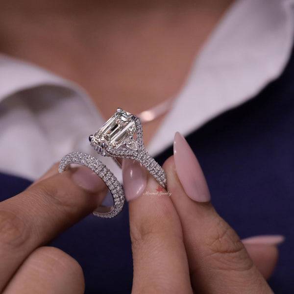 5 CT Emerald Cut Engagement Ring Set 14k Gold Three Stone Moissanite Ring Split Shank Wedding Ring Moissanite Bridal Set Anniversary gift