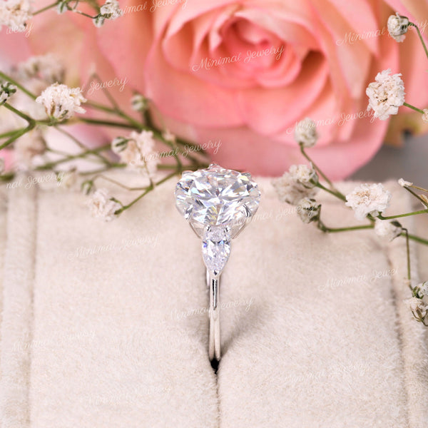 2.5 CT Oval engagement ring,Three stone moissanite ring,14k white gold,oval&pear side stone three stone ring,wedding ring,anniversary ring
