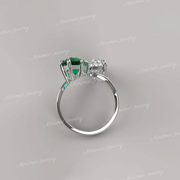 9TCW Toi et moi ring,pear shaped engagement ring,two stone pear moissanite&lab Emerald ring,unique double stone celebrity style wedding ring