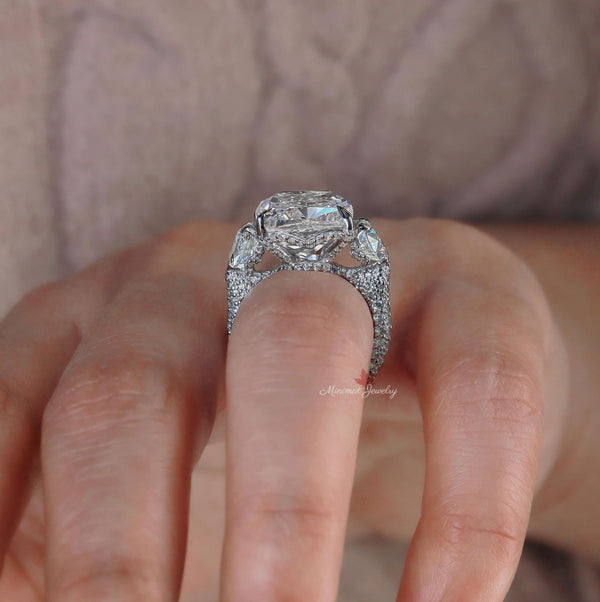 3 stone cushion cut engagement ring 16 CT elongated cushion crushed ice moissanite engagement ring Large Three stone luxury wedding ring
