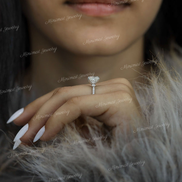 2.5CT Three stone cushion cut moissanite engagement ring,hidden halo,elongated cushion Moissanite cluster ring,white gold meghan markle ring