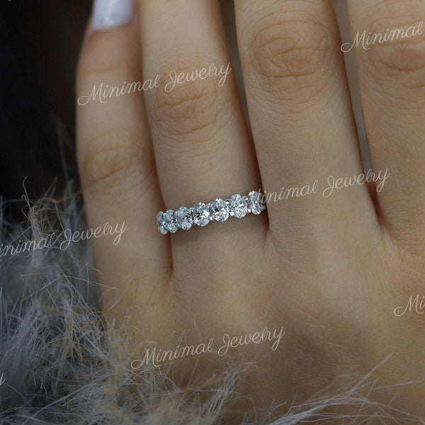 Oval Moissanite Wedding Band 7 Stone Half Eternity Ring Modern 3mm 14k White Gold Anniversary Band Dainty Stacking Ring Women