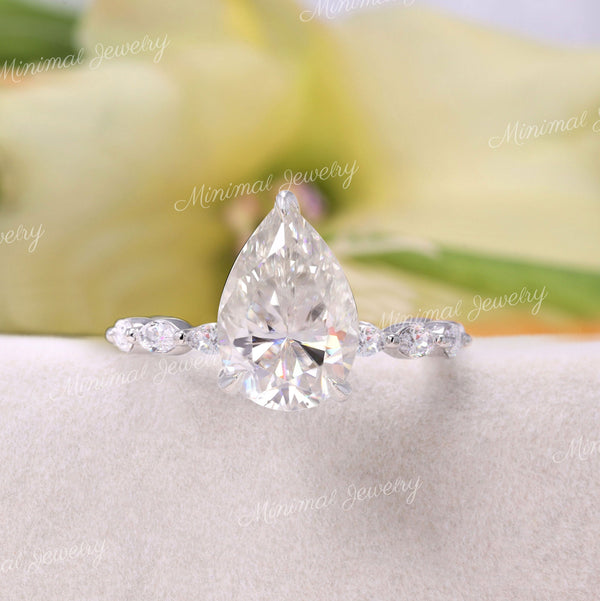 3 CT pear shaped engagement ring solitaire pear moissanite ring hidden halo unique vintage style engagement ring 14k white gold wedding ring
