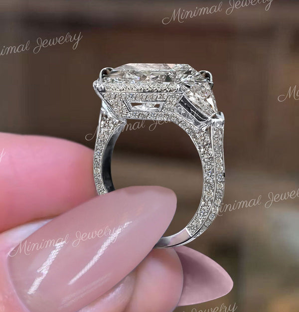 9 CT pear moissanite engagement ring Large Three stone crushed ice moissanite pear halo,trillion&pear shaped ring,big teardrop wedding ring