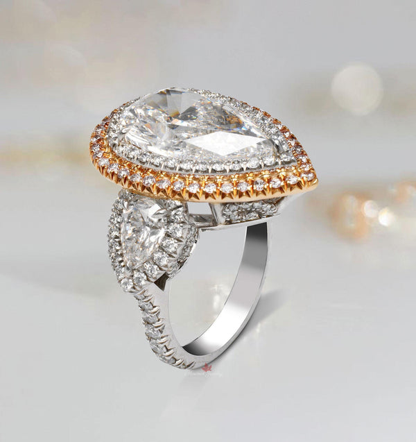 6 CT pear shaped engagement ring large Three stone pear moissanite engagement ring double halo two tone ring diamond cocktail wedding ring