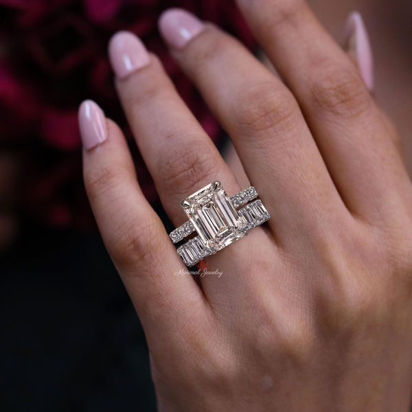 Emerald Cut Moissanite Engagement Ring Set Hidden Halo & Eternity Band 11CT Large Moissanite Bridal set Wedding Ring Anniversary Gift women