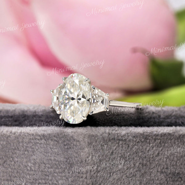 3.5 TCW Three stone,oval moissanite engagement ring,14k white gold,Trapezoid&oval three stone engagement ring,anniversary,wedding ring,women