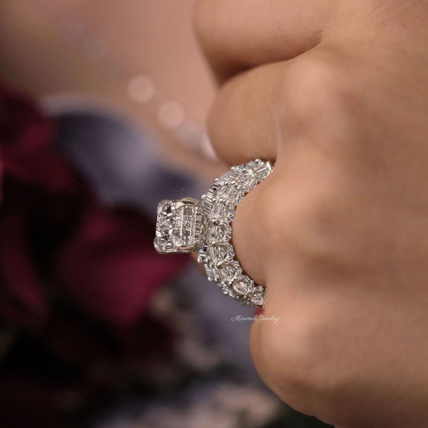 Lab grown diamond Radiant cut engagement ring set 5.5 CT IGI Certified Solitaire diamond Hidden Halo Eternity band Wedding Anniversary Ring