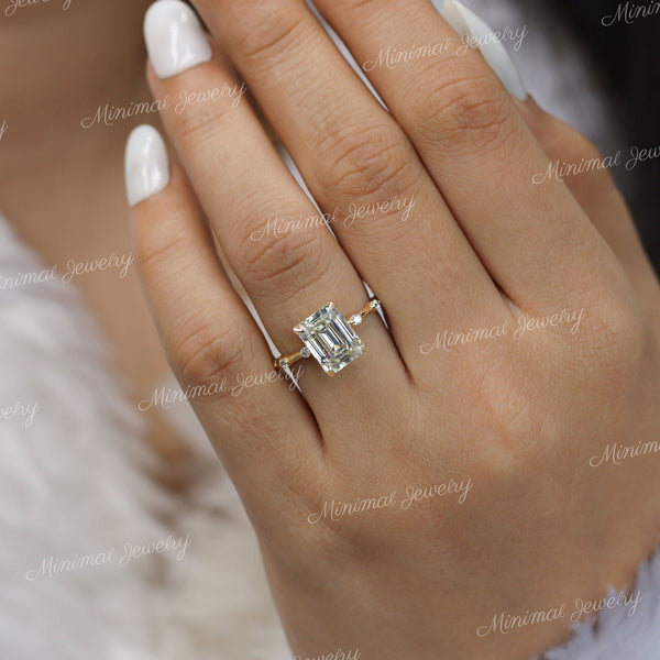 2.5 CT emerald cut moissanite engagement ring,hidden halo,unique emerald cut solitaire moissanite,pave space 18k/14k gold,wedding ring women