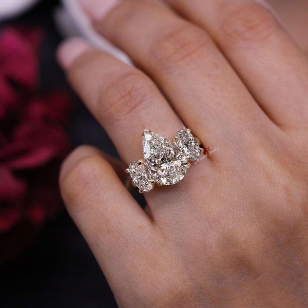 4CT Pear Lab Grown Diamond Engagement Ring: Three Stone 14k Gold Wedding Ring