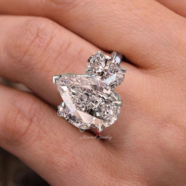 Pear Lab Grown Diamond Engagement Ring Three stone Wedding ring 4CT pear shaped CVD lab created diamond Teardrop annivesary ring 14k gold