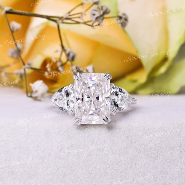 3 CT Radiant Cut Moissanite Ring,Three Stone Engagement Ring,Side trillion,Claw Prongs,unique trilogy ring,bridal Wedding Ring,white gold