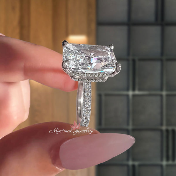 14.5 CT Radiant cut engagement ring Large moissanite double hidden halo solitaire Radiant cut moissanite ring big wedding anniversary ring