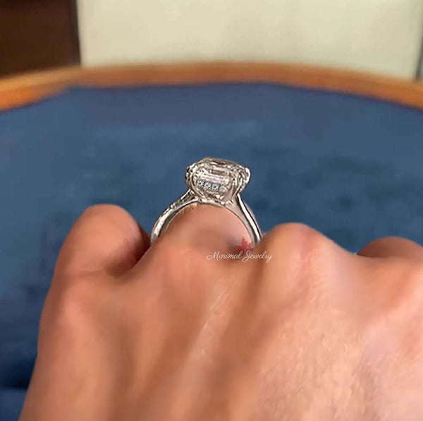 Asscher moissanite engagement ring hidden halo gold cathedral wedding ring 9CT solitaire asscher cut ring large diamond anniversary ring