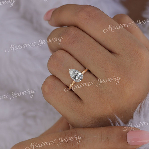 2 CT pear moissanite teardrop ring hidden halo unique pear shaped engagement ring 14k rose gold pear cut promise matching wedding ring set