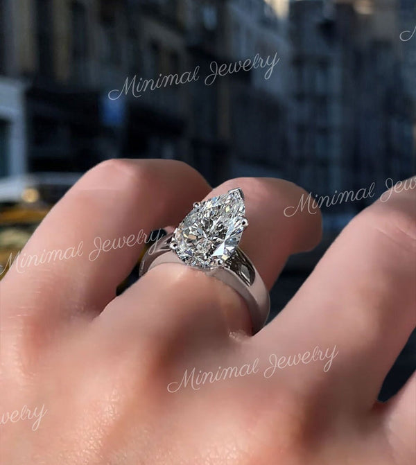 4 CT pear shaped engagement ring unique solitaire pear moissanite engagement ring Thick wide band low profile ring teardrop wedding ring