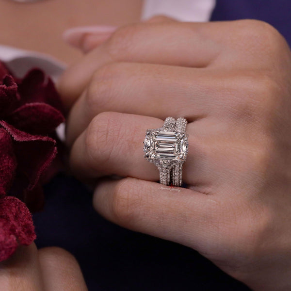 5 CT Emerald Cut Engagement Ring Set 14k Gold Three Stone Moissanite Ring Split Shank Wedding Ring Moissanite Bridal Set Anniversary gift