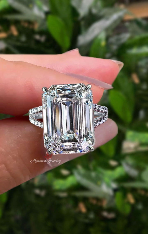 Emerald Cut Moissanite Ring Hidden Halo Split Shank 11 CT Emerald Cut Engagement Wedding Ring Statement Cocktail Ring anniversary ring gift