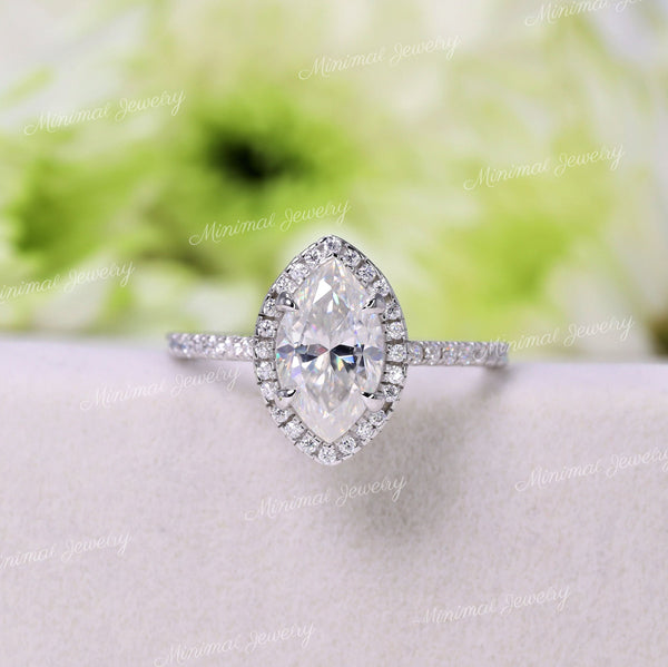 2 CT Marquise Moissanite Engagement Ring: 14k White Gold Halo