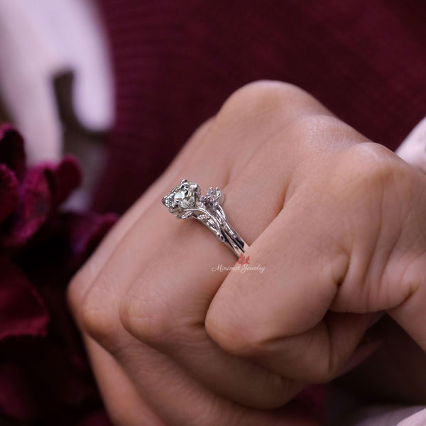 Nature inspired engagement ring set platinum 1 carat moissanite flower leaf engagement ring bridal wedding ring set women promise ring her