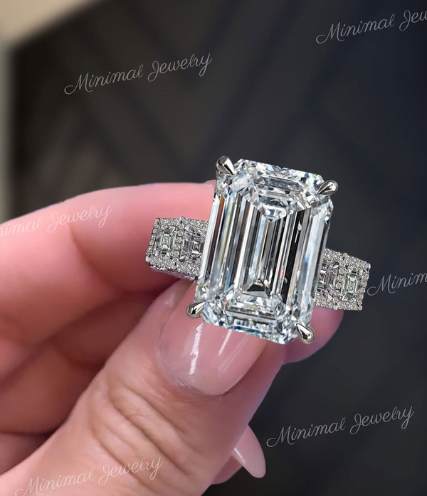 Emerald cut Moissanite engagement ring 8 CT large moissanite ring solitaire wide band Hidden halo iced out diamond cocktail wedding ring