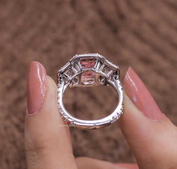 4.2CT Radiant morganite engagement ring Three stone halo rose gold Morganite ring,celebrity style moissanite&big pink morganite wedding ring