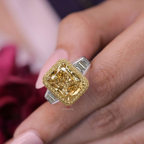 8 CT canary yellow radiant cut engagement ring,large fancy yellow moissanite ring,big celebrity Halo ring,diamond cocktail statement ring