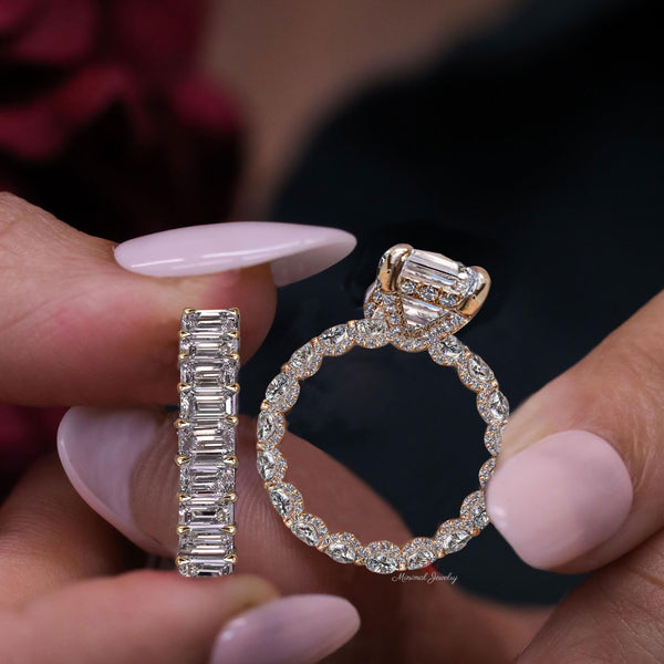 Emerald Cut Moissanite Engagement Ring Set Hidden Halo & Eternity Band 11CT Large Moissanite Bridal set Wedding Ring Anniversary Gift women