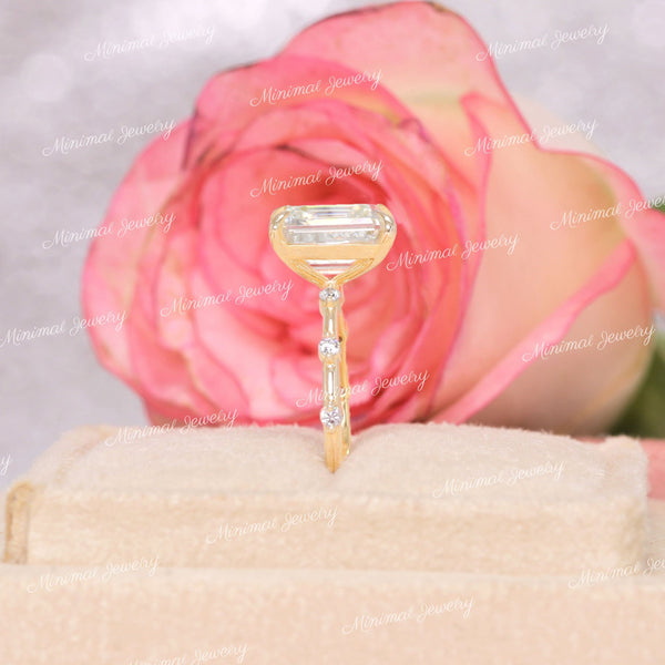 2.5 CT emerald cut moissanite engagement ring,hidden halo,unique emerald cut solitaire moissanite,pave space 18k/14k gold,wedding ring women