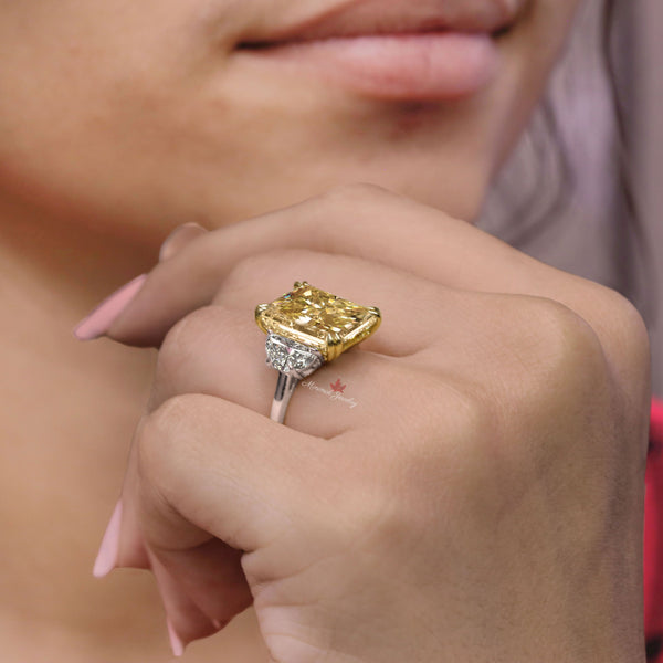 11.24 TCW Canary yellow Radiant cut Moissanite engagement ring Three stone yellow sapphire ring moon& moissanite sapphire anniversary ring