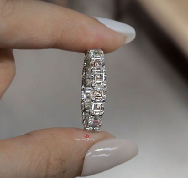 Asscher cut full eternity band,Moissanite wedding band,eternity ring white gold,modern thick,unique 4mm wedding band,Matching Stacking ring