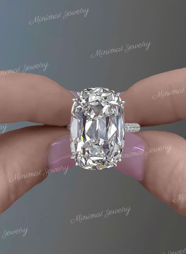 17.5 CT Old Mine Cushion Cut Moissanite Engagement Ring: Hidden Halo, Three Row Pave