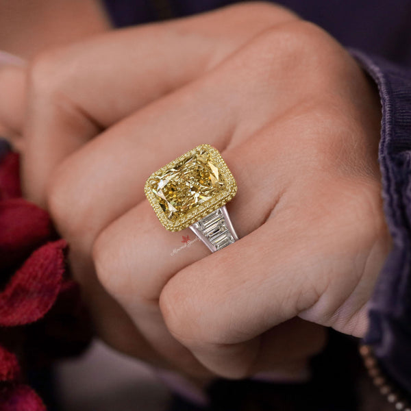 8 CT canary yellow radiant cut engagement ring,large fancy yellow moissanite ring,big celebrity Halo ring,diamond cocktail statement ring