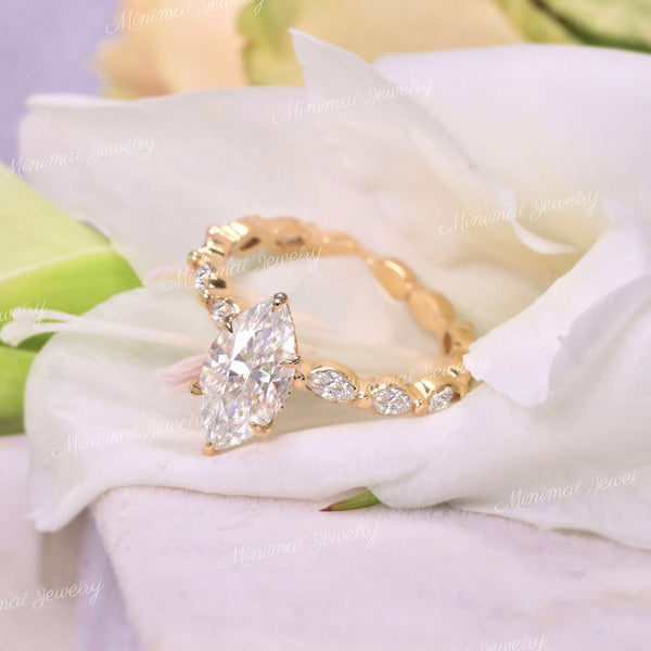 2.5CT Marquise Moissanite Engagement Ring: Hidden Halo Solitaire wedding ring 14k yellow gold
