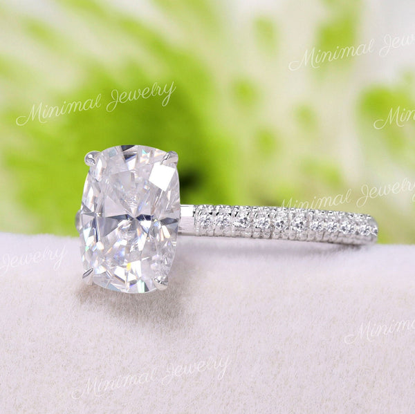 2.5 CT cushion cut engagement ring,Moissanite hidden halo ring,elongated cushion moissanite ring,three row pave,14k white gold,wedding ring