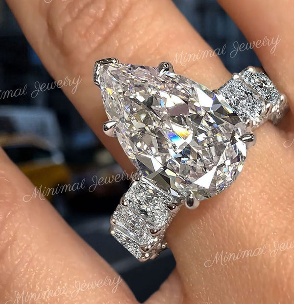 6.5CT pear moissanite engagement ring Hidden halo wide band unique large moissanite pear cut wedding ring big diamond anniversary ring women
